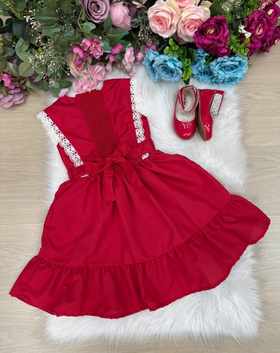 Vestido Infantil Blogueirinha Valeria Vermelho Renda Pérolas