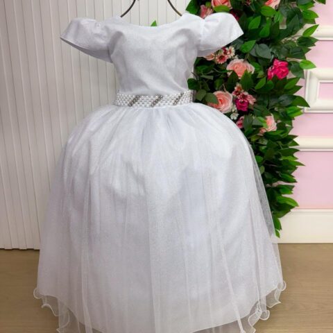 Vestido Longo Infantil Heloísa Marie Branco Tule Glitter