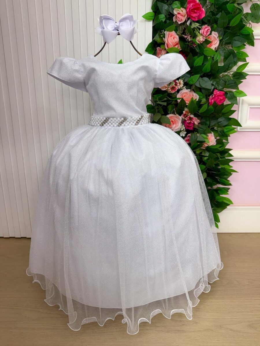 Vestido Longo Infantil Heloísa Marie Branco Tule Glitter