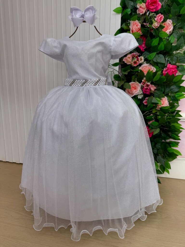 Vestido Longo Infantil Heloísa Marie Branco Tule Glitter