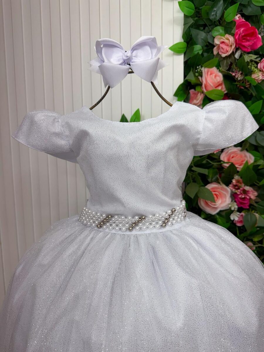 Vestido Longo Infantil Heloísa Marie Branco Tule Glitter