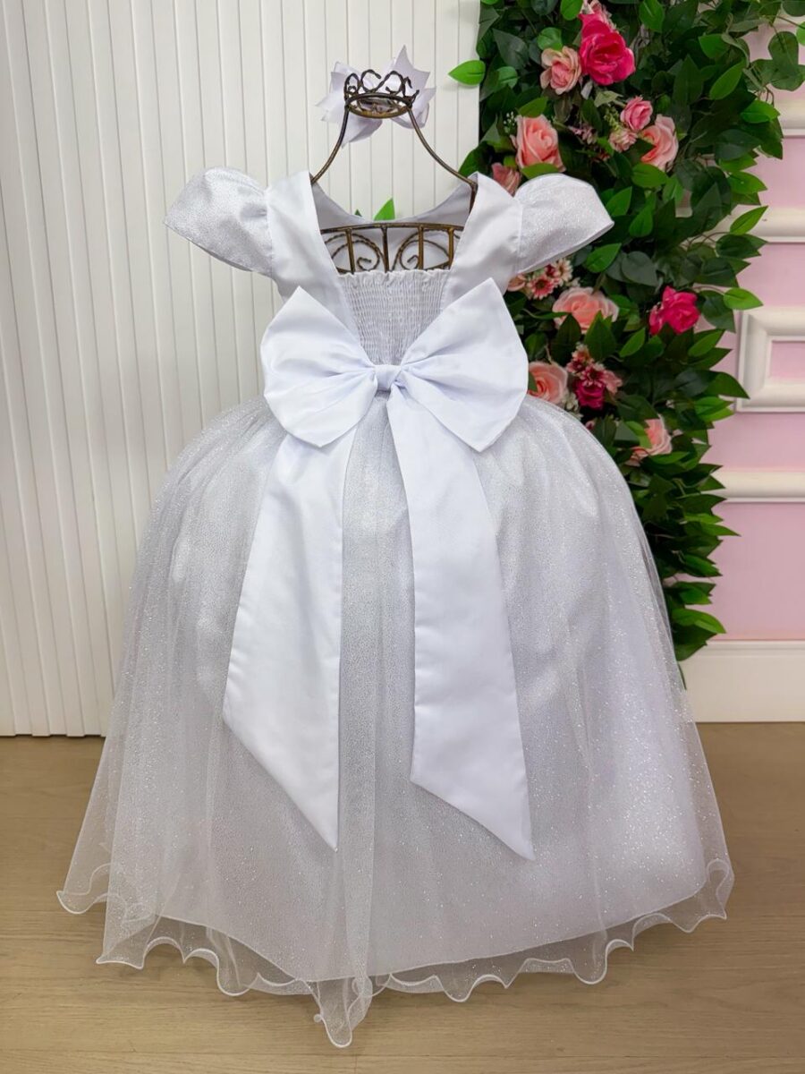 Vestido Longo Infantil Heloísa Marie Branco Tule Glitter
