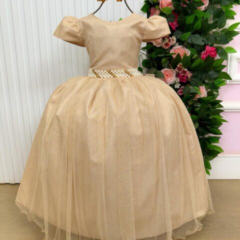 Vestido Longo Infantil Heloísa Marie Dourado Tule Glitter