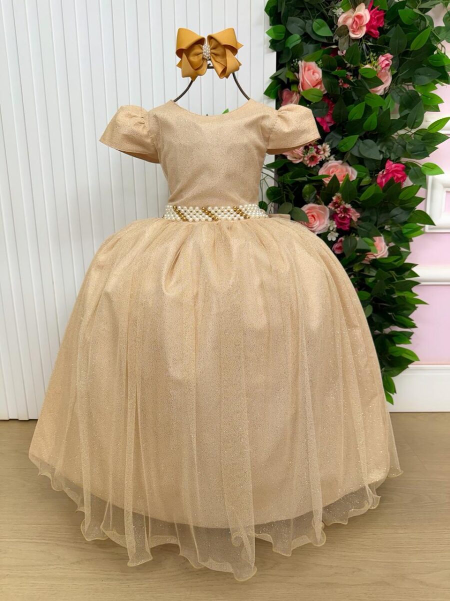 Vestido Longo Infantil Heloísa Marie Dourado Tule Glitter