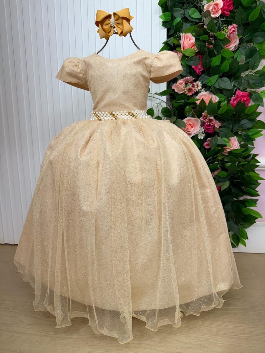 Vestido Longo Infantil Heloísa Marie Dourado Tule Glitter
