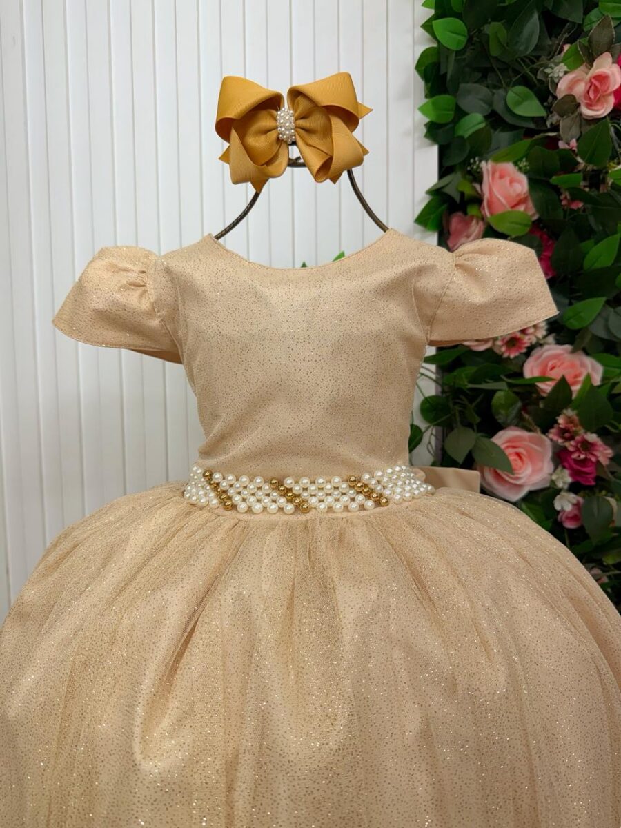 Vestido Longo Infantil Heloísa Marie Dourado Tule Glitter