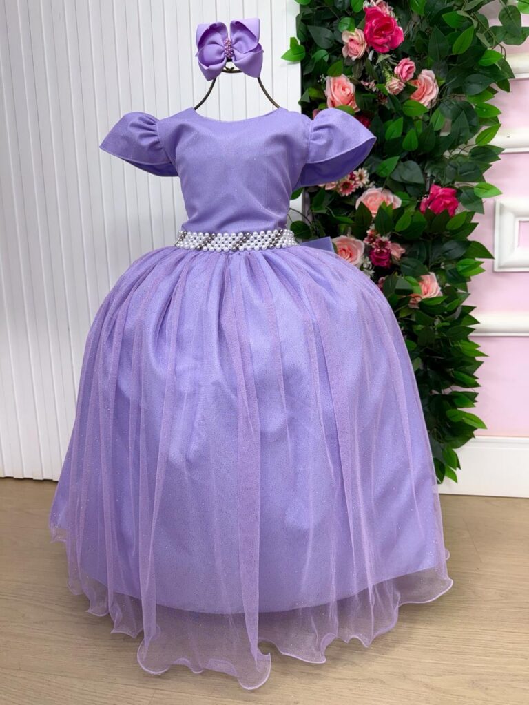Vestido Longo Infantil Heloísa Marie Lilás Tule Glitter