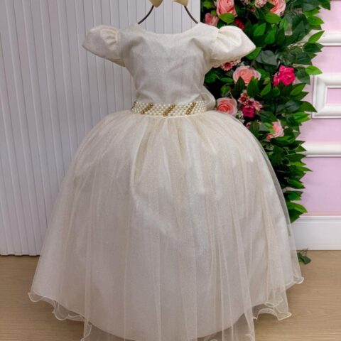 Vestido Longo Infantil Heloísa Marie Off-white Tule Glitter