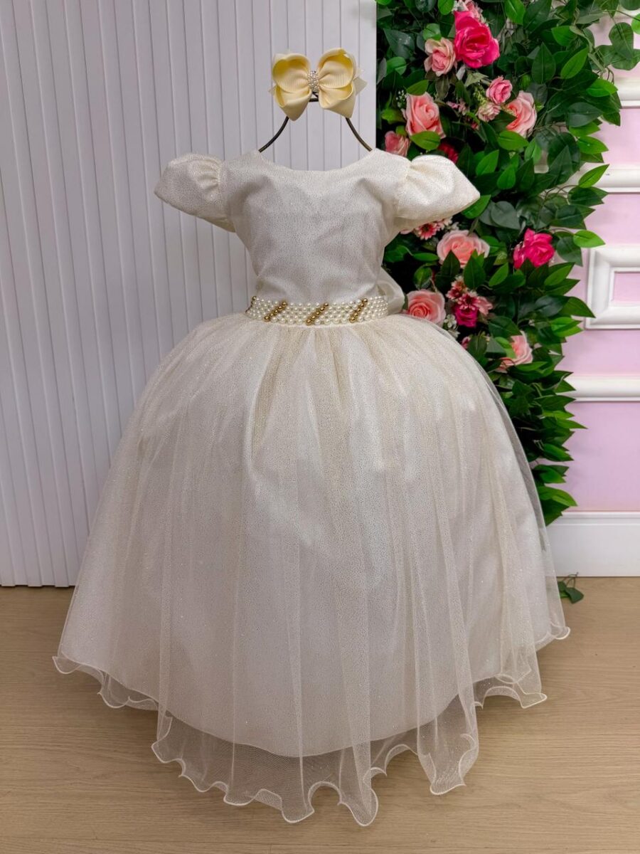 Vestido Longo Infantil Heloísa Marie Off-white Tule Glitter