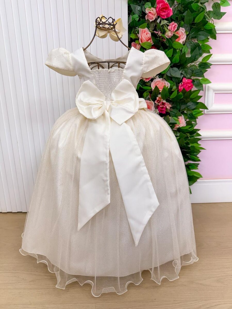 Vestido Longo Infantil Heloísa Marie Off-white Tule Glitter