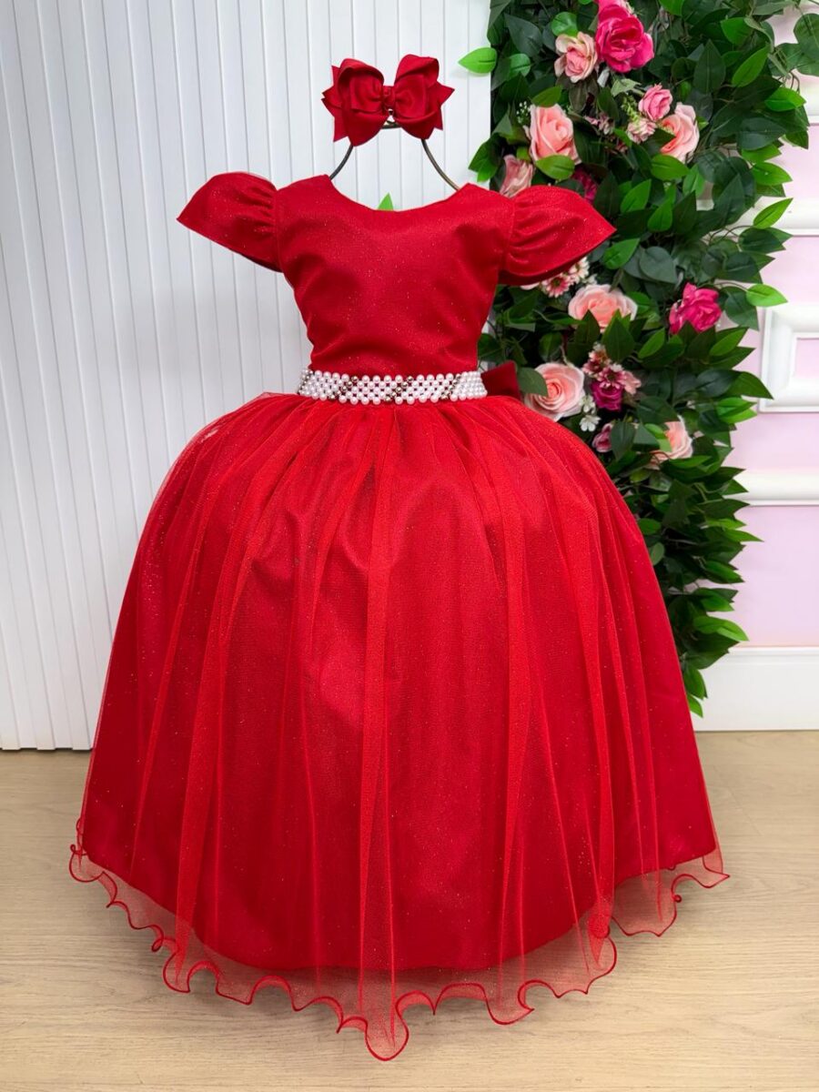 Vestido Longo Infantil Heloísa Marie Vermelho Tule Glitter