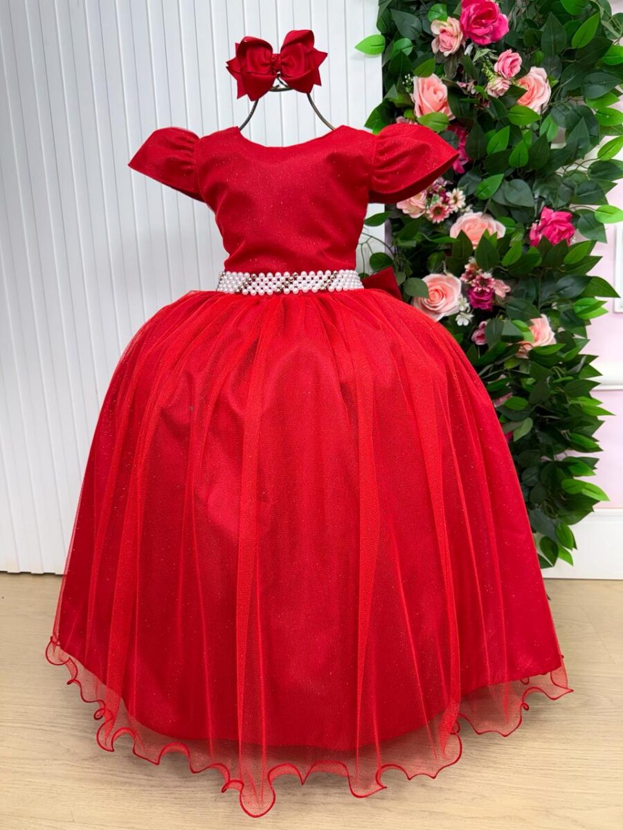 Vestido Longo Infantil Heloísa Marie Vermelho Tule Glitter