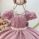 Vestido Infantil Rose Tule Bordado com Glitter Daminha