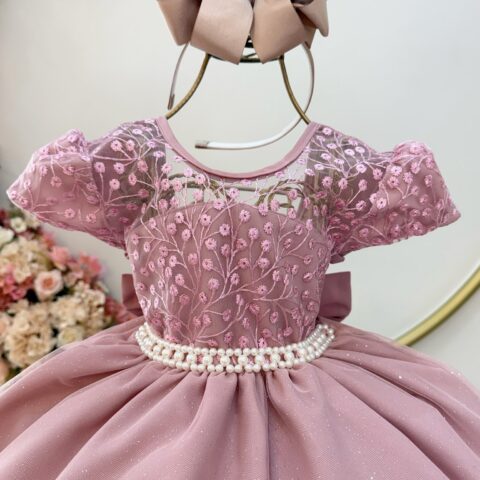 Vestido Infantil Rose Tule Bordado com Glitter Daminha