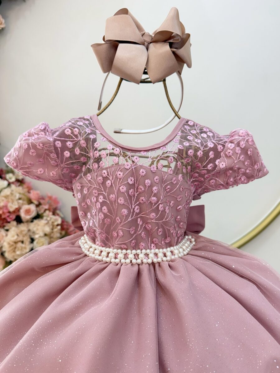Vestido Infantil Rose Tule Bordado com Glitter Daminha