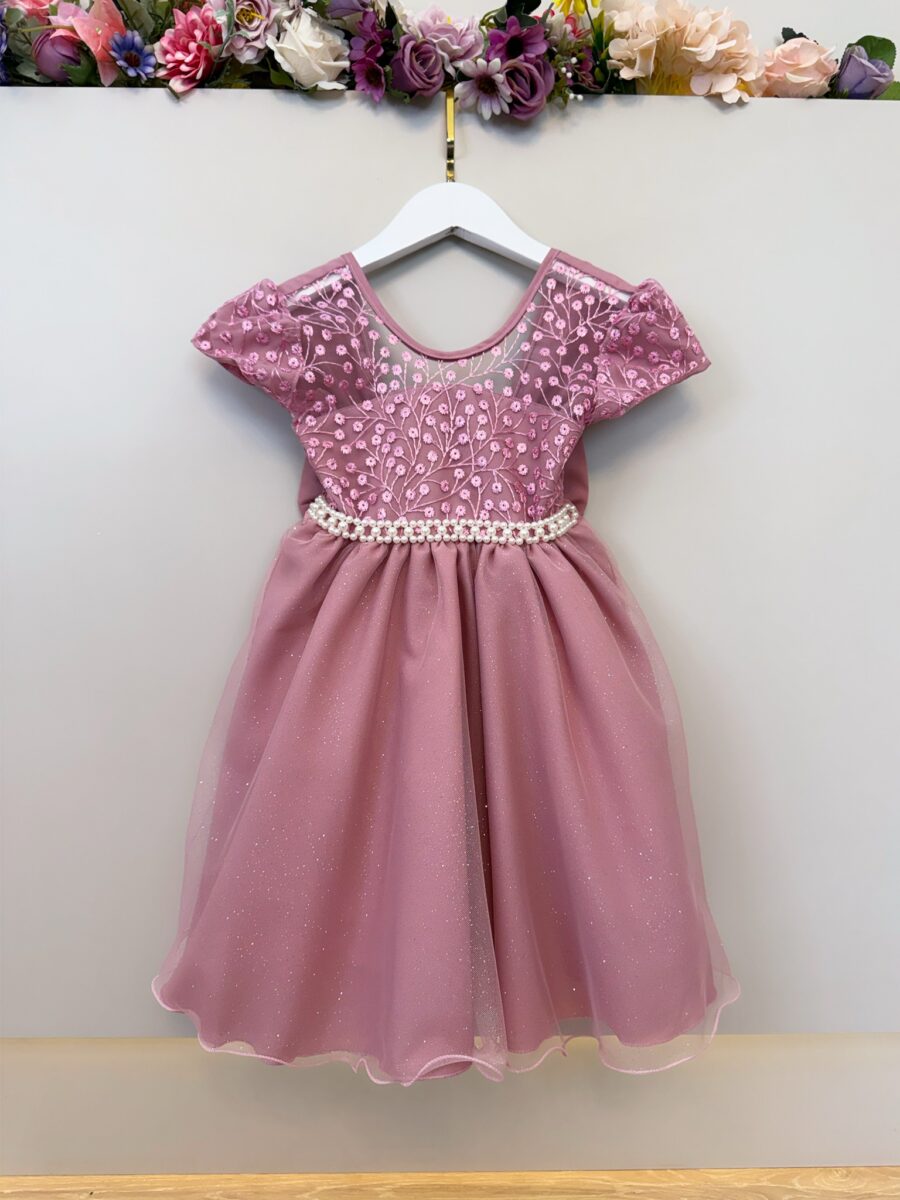 Vestido Infantil Rose Tule Bordado com Glitter Daminha