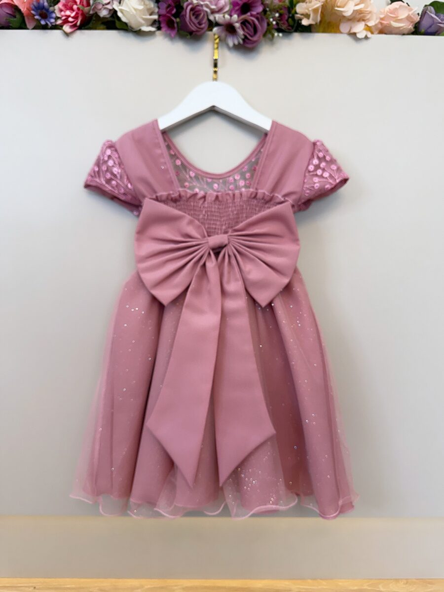 Vestido Infantil Rose Tule Bordado com Glitter Daminha