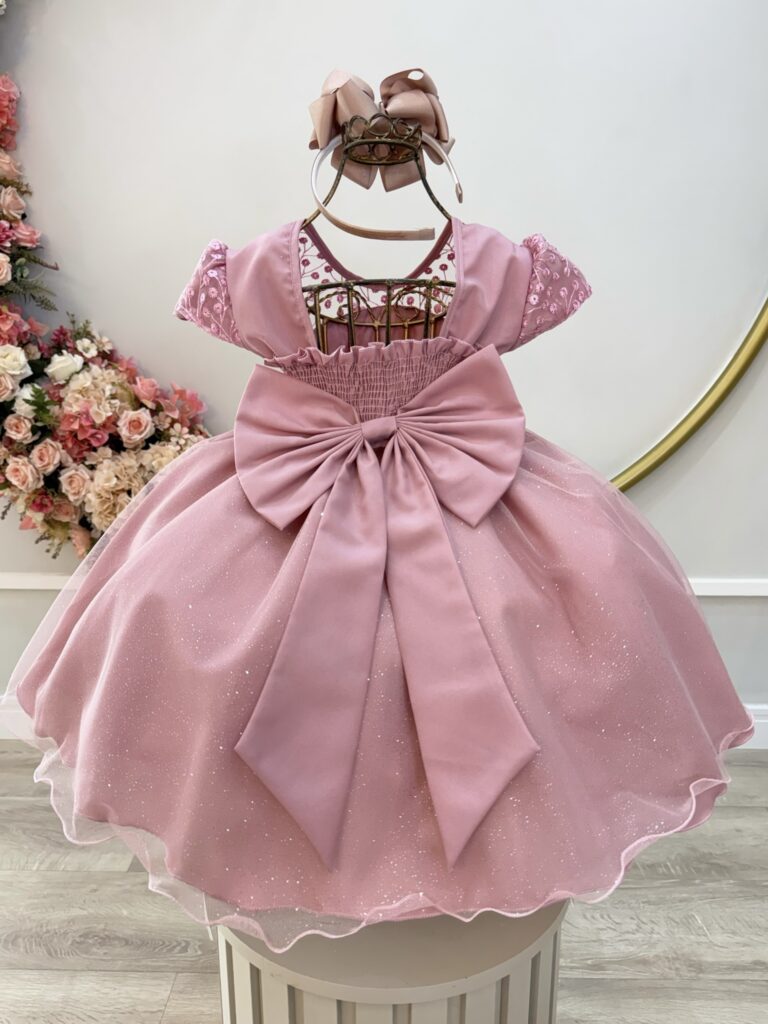 Vestido Infantil Rose Tule Bordado com Glitter Daminha