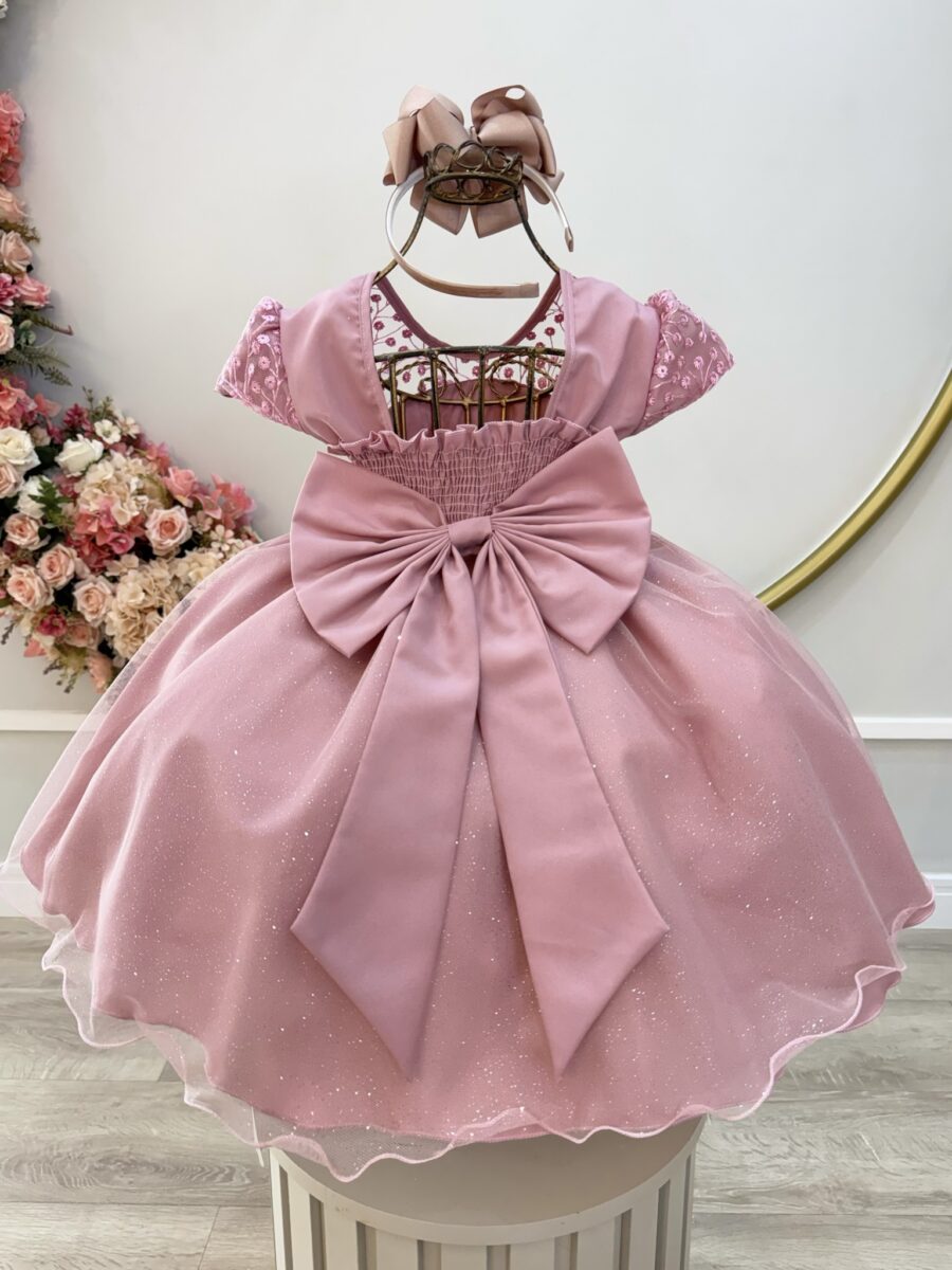 Vestido Infantil Rose Tule Bordado com Glitter Daminha