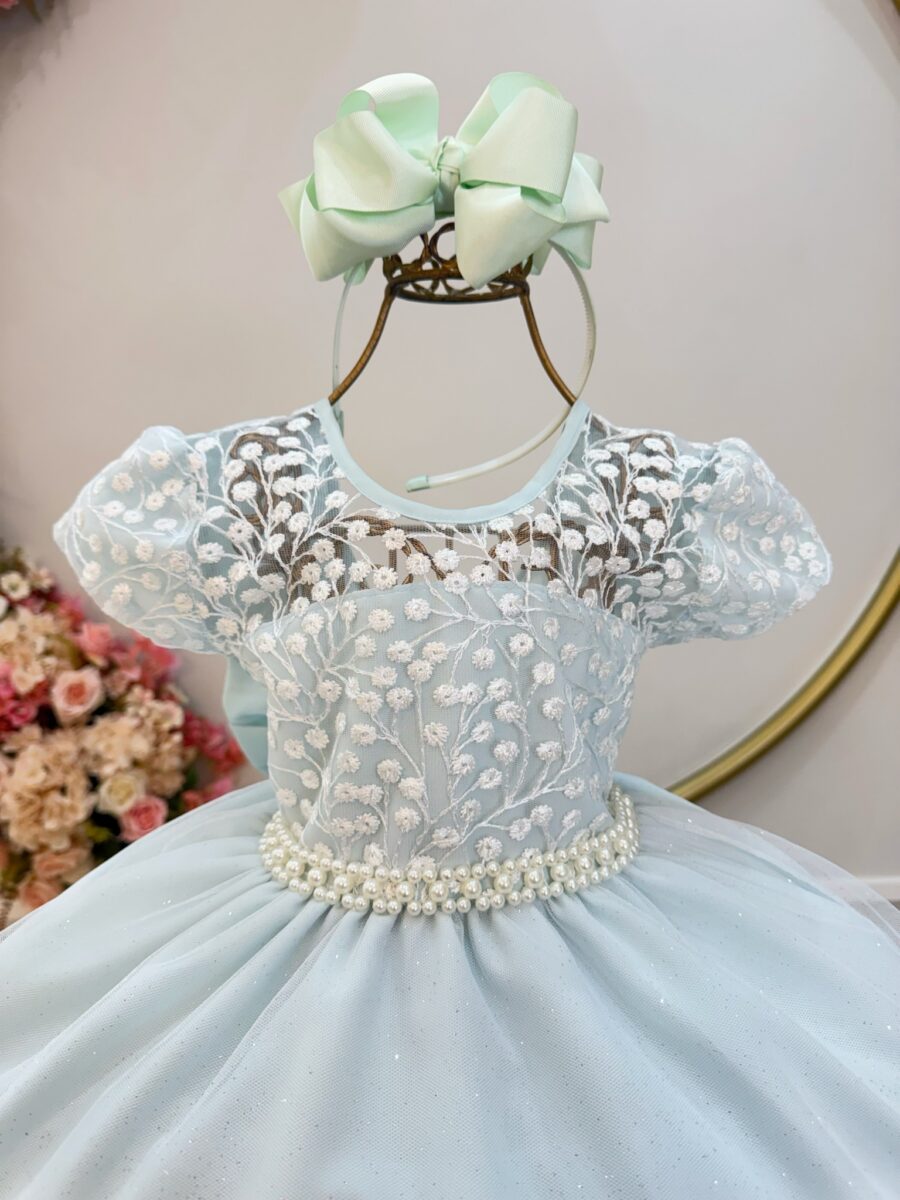 Vestido Infantil Verde Claro Tule Bordado Glitter Daminha