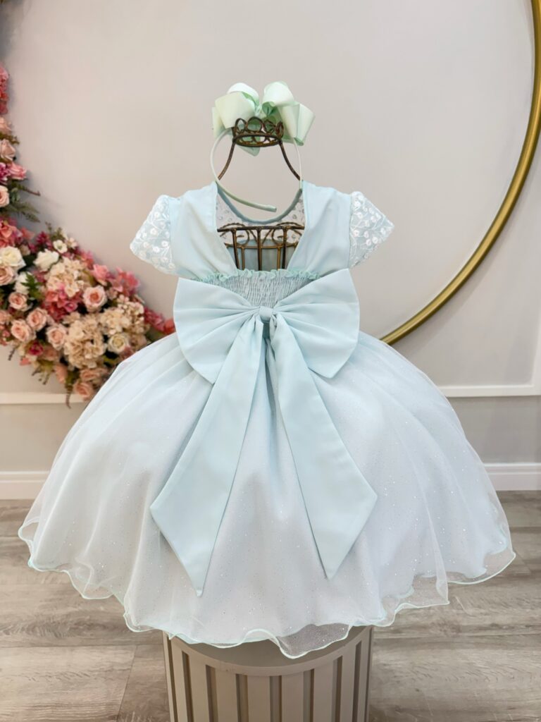 Vestido Infantil Verde Claro Tule Bordado Glitter Daminha