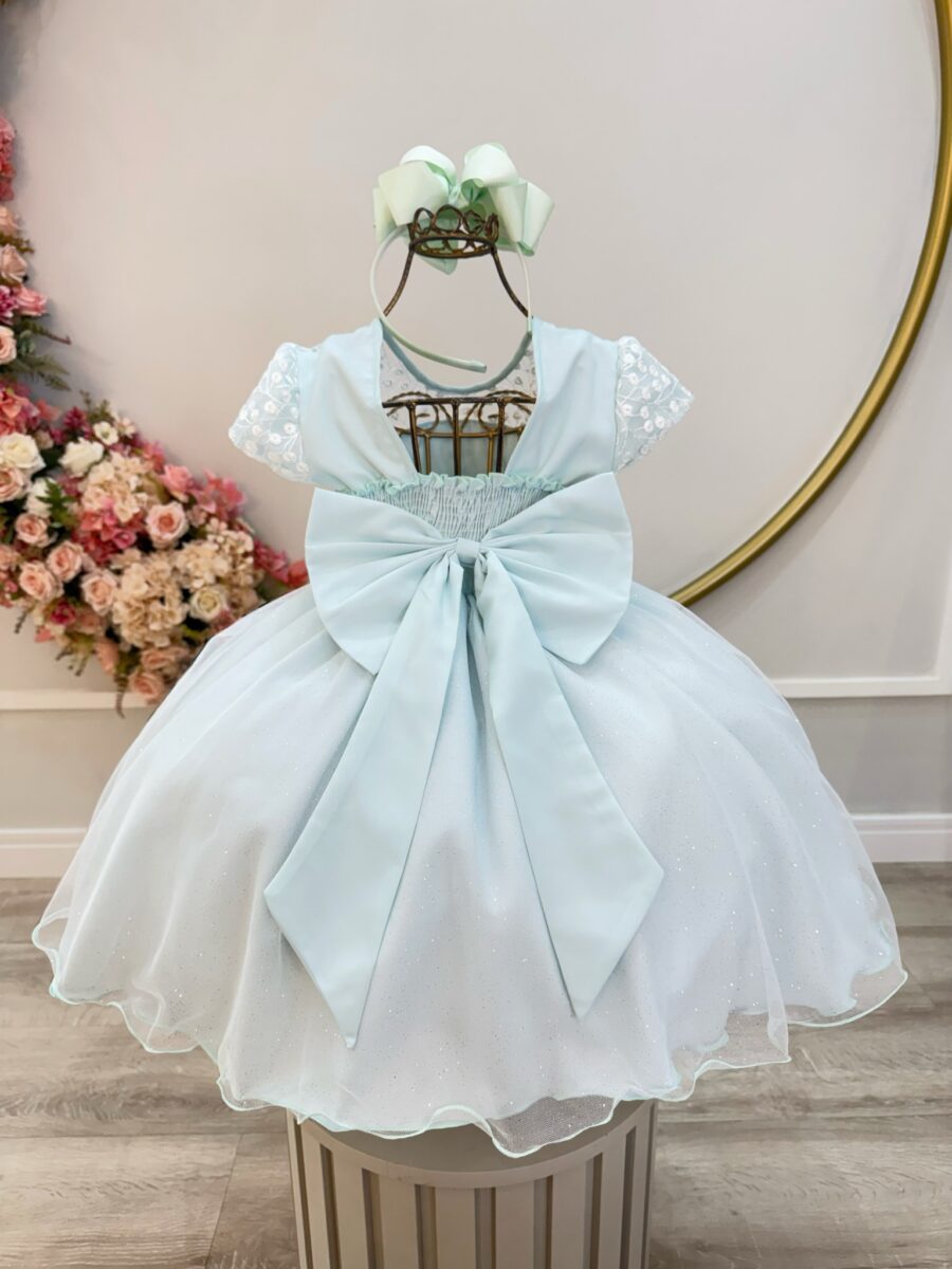 Vestido Infantil Verde Claro Tule Bordado Glitter Daminha
