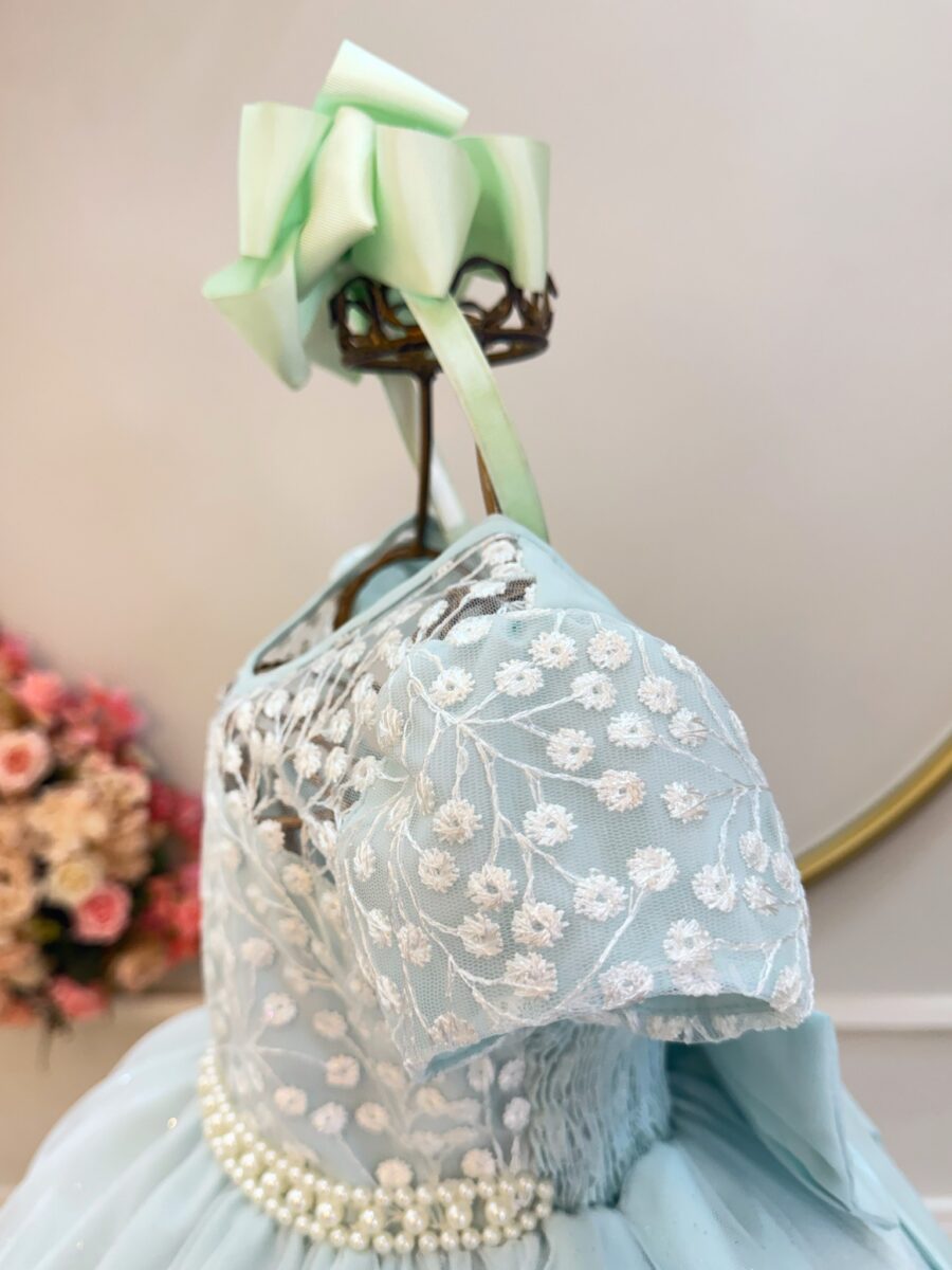 Vestido Infantil Verde Claro Tule Bordado Glitter Daminha
