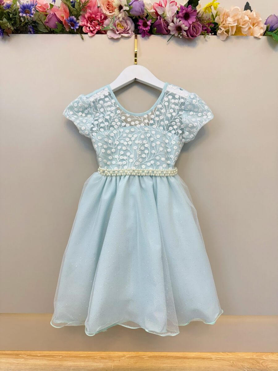 Vestido Infantil Verde Claro Tule Bordado Glitter Daminha