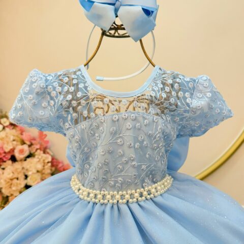 Vestido Infantil Azul Bebê Tule Bordado com Glitter Daminha