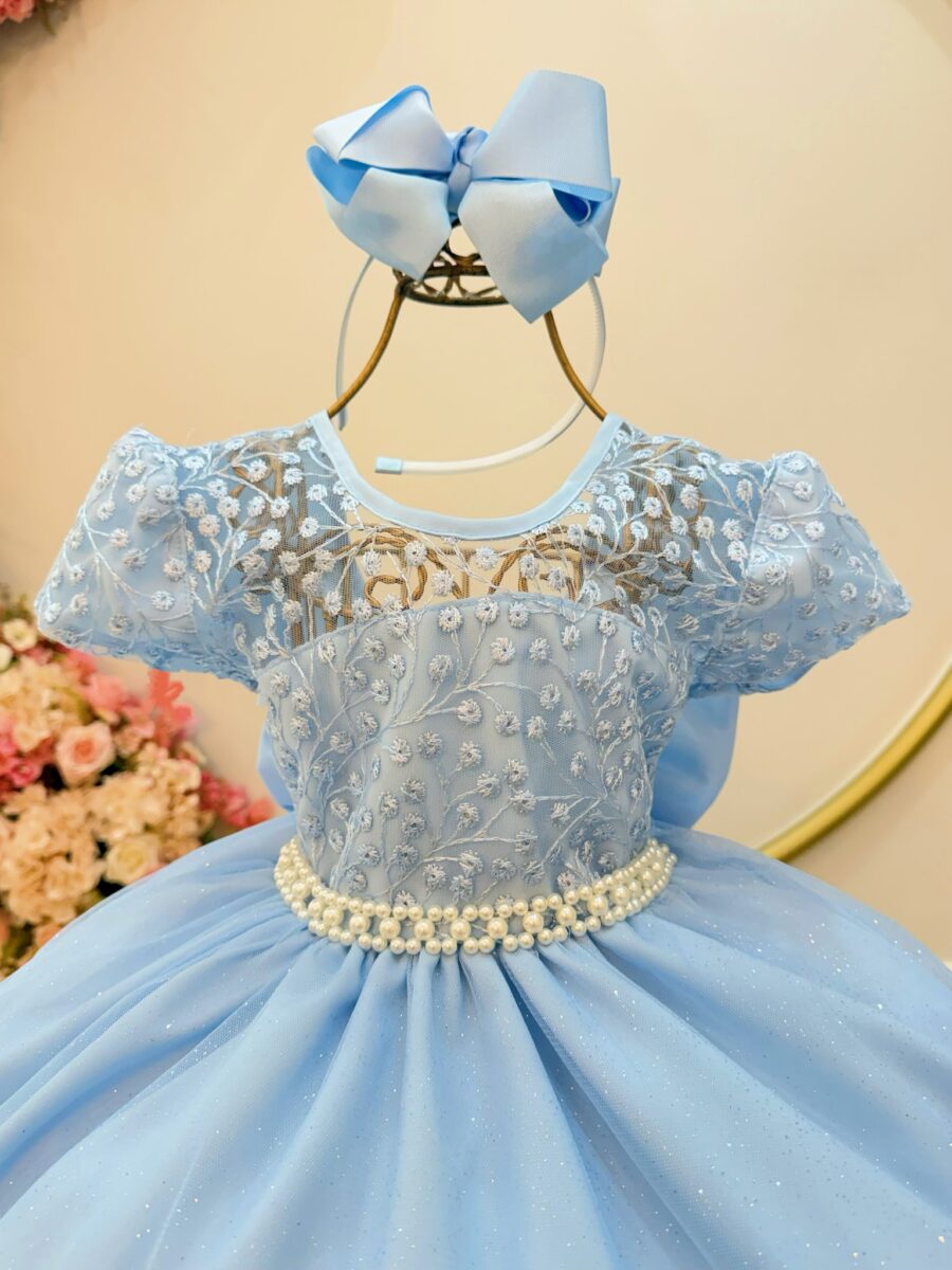 Vestido Infantil Azul Bebê Tule Bordado com Glitter Daminha