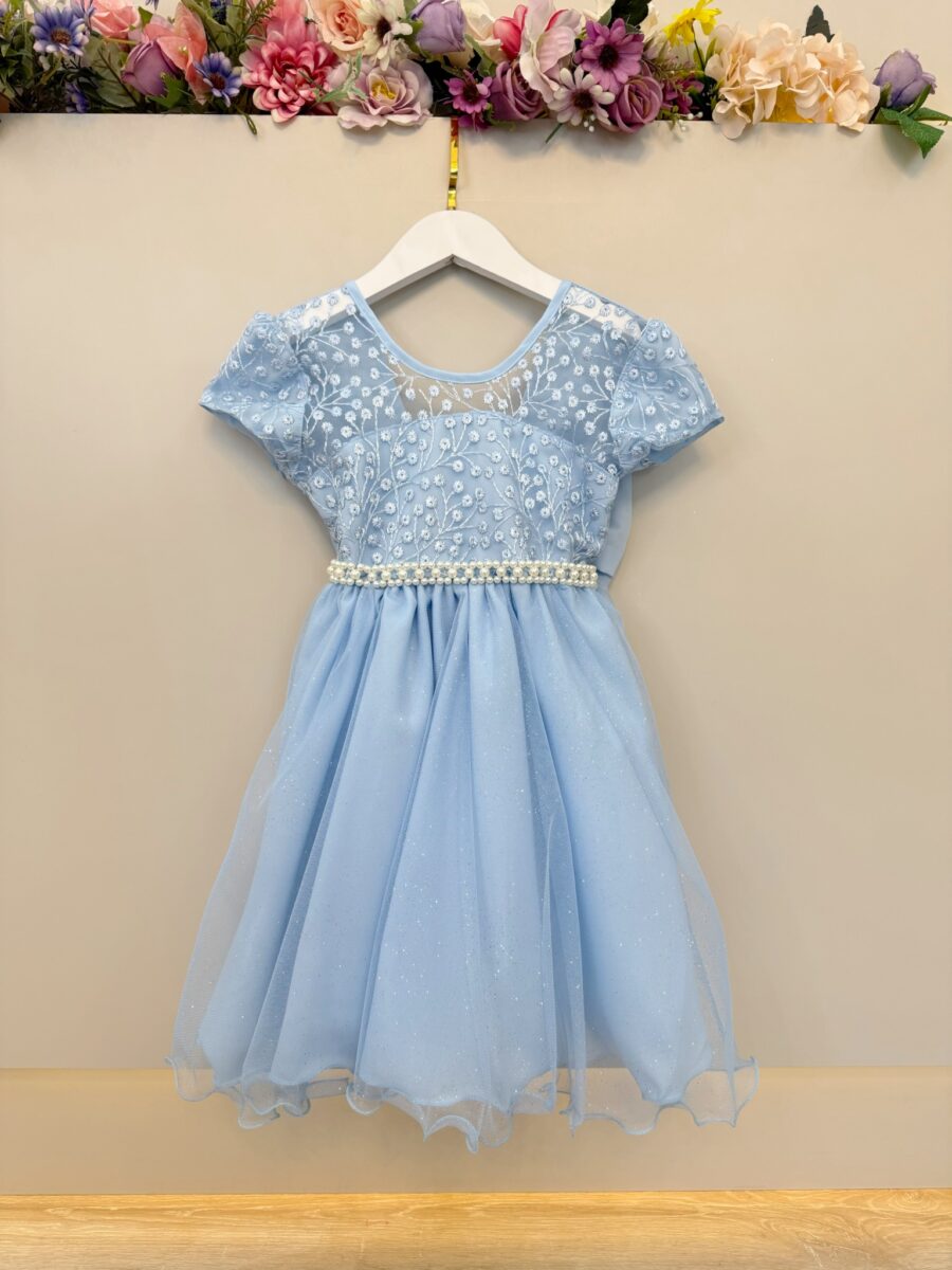 Vestido Infantil Azul Bebê Tule Bordado com Glitter Daminha