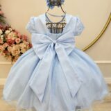 Vestido Infantil Azul Bebê Tule Bordado com Glitter Daminha