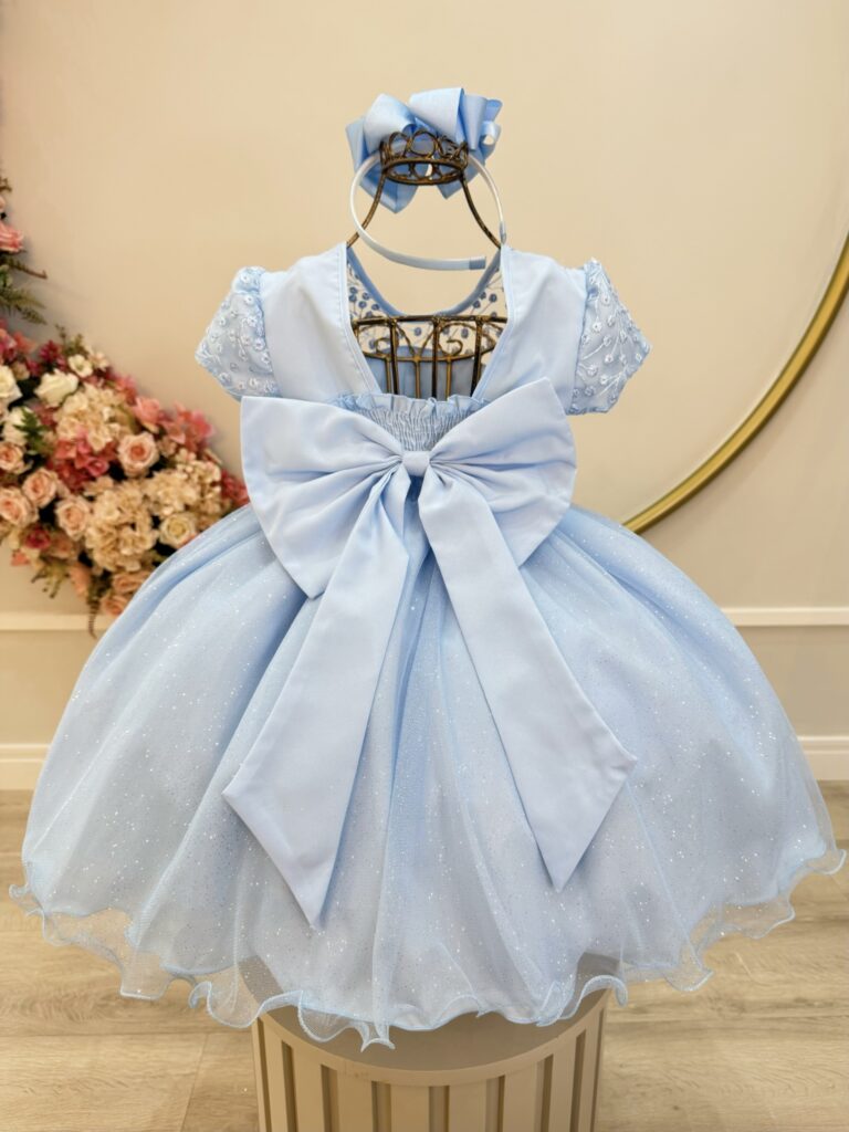 Vestido Infantil Azul Bebê Tule Bordado com Glitter Daminha