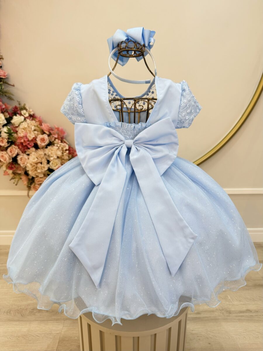 Vestido Infantil Azul Bebê Tule Bordado com Glitter Daminha