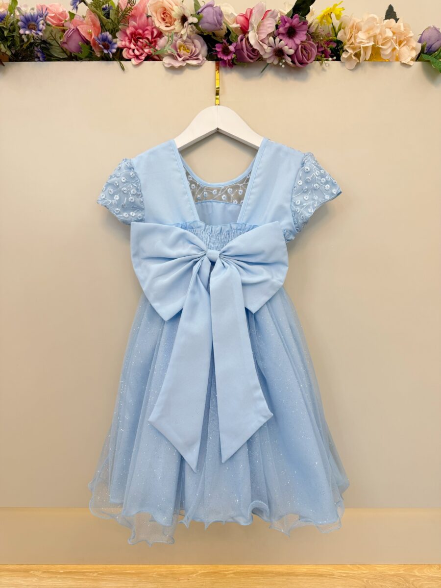 Vestido Infantil Azul Bebê Tule Bordado com Glitter Daminha
