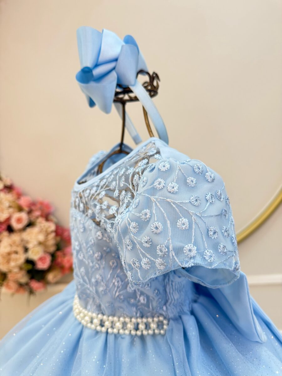 Vestido Infantil Azul Bebê Tule Bordado com Glitter Daminha