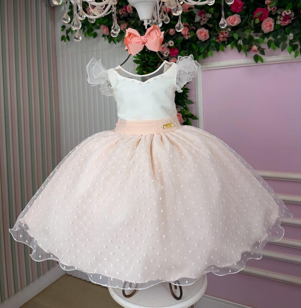 Vestido Infantil Betani Mini Miss Pêssego Tule Poá