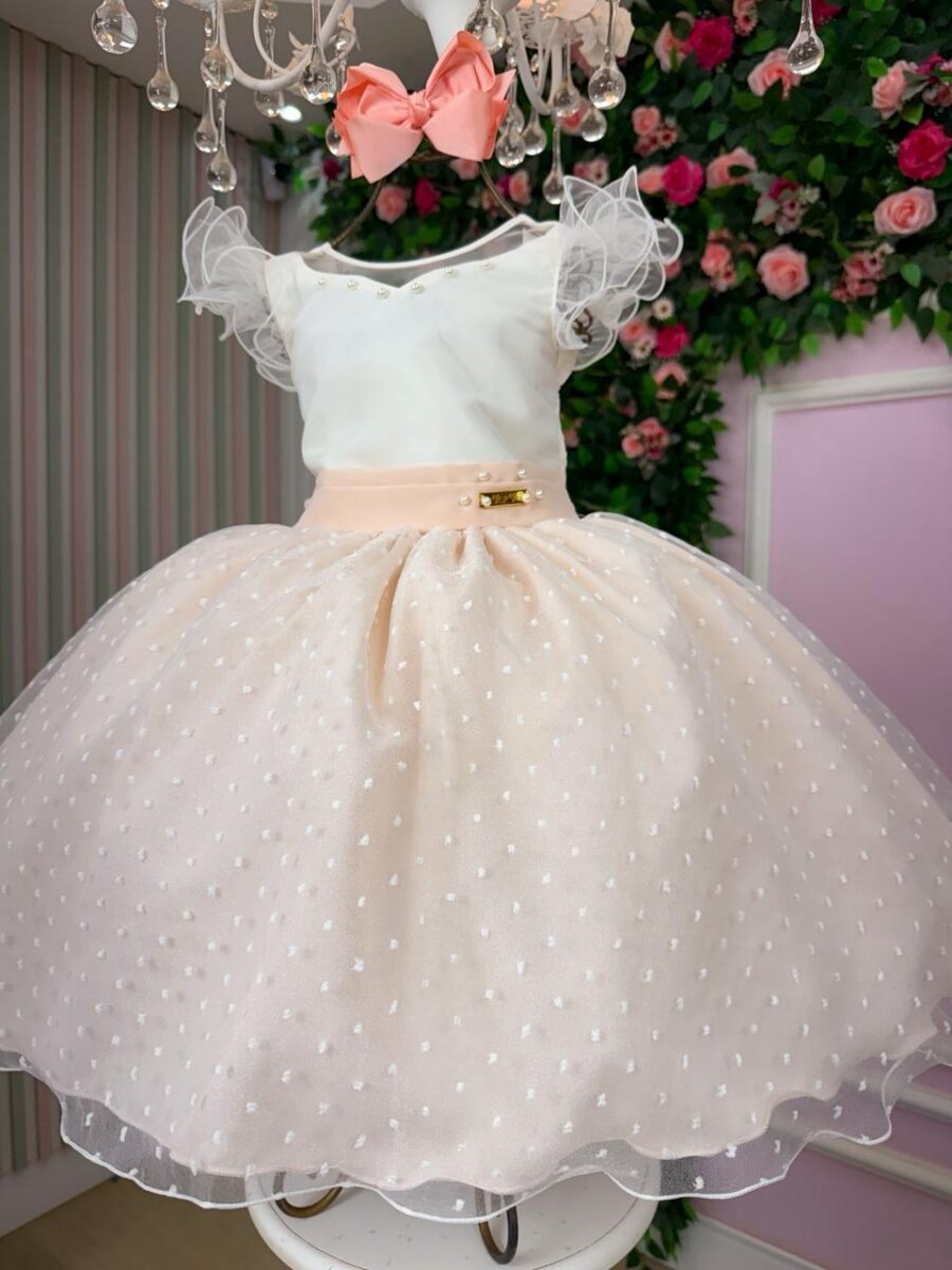 Vestido Infantil Betani Mini Miss Pêssego Tule Poá