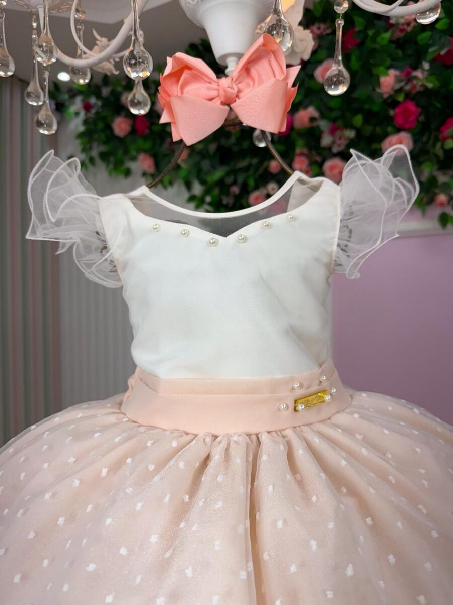 Vestido Infantil Betani Mini Miss Pêssego Tule Poá