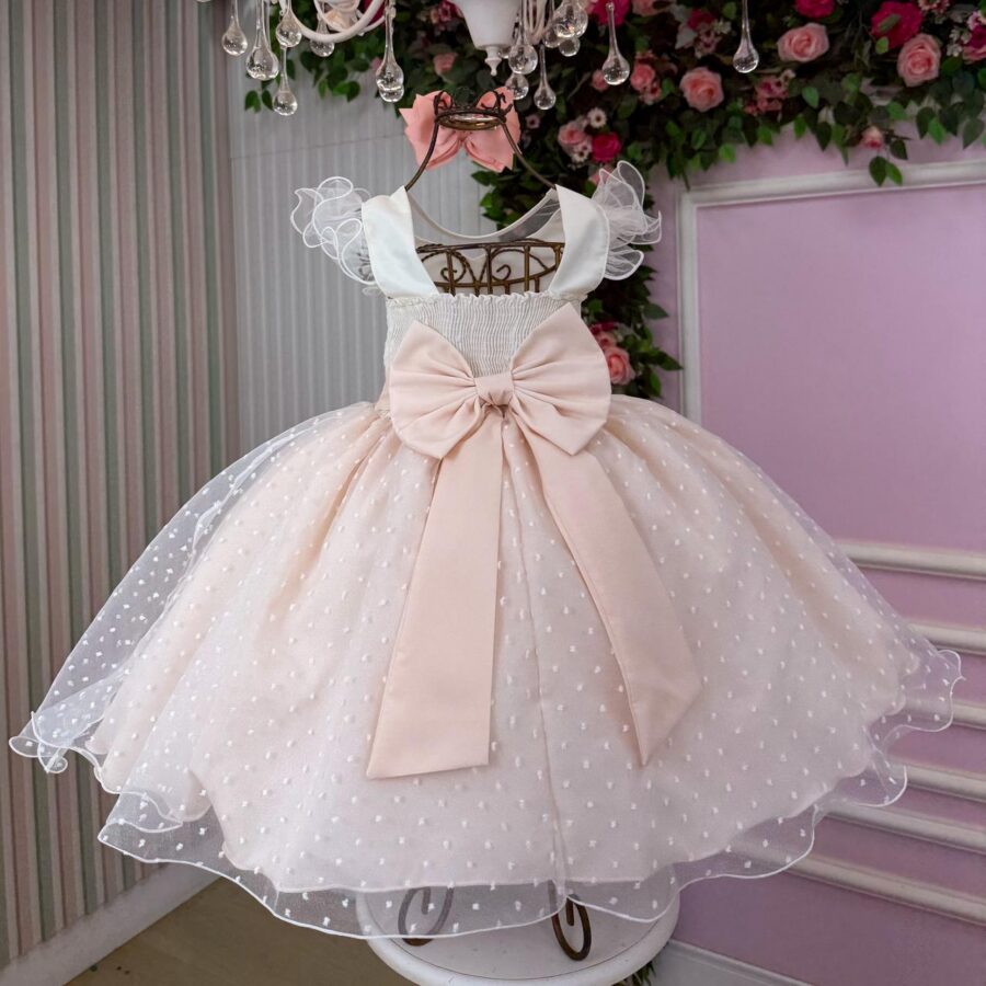 Vestido Infantil Betani Mini Miss Pêssego Tule Poá