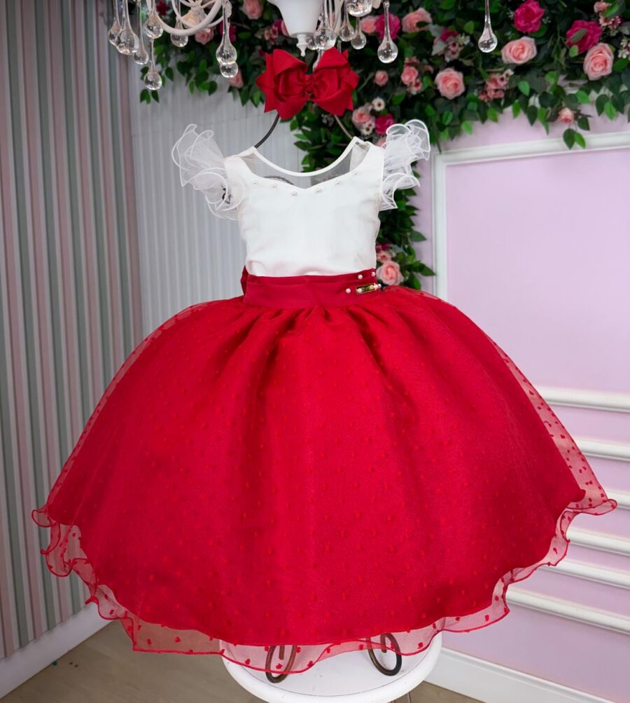 Vestido Infantil Betani Mini Miss Vermelho Tule Poá