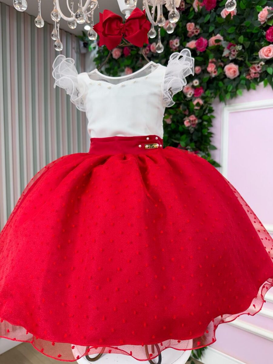 Vestido Infantil Betani Mini Miss Vermelho Tule Poá