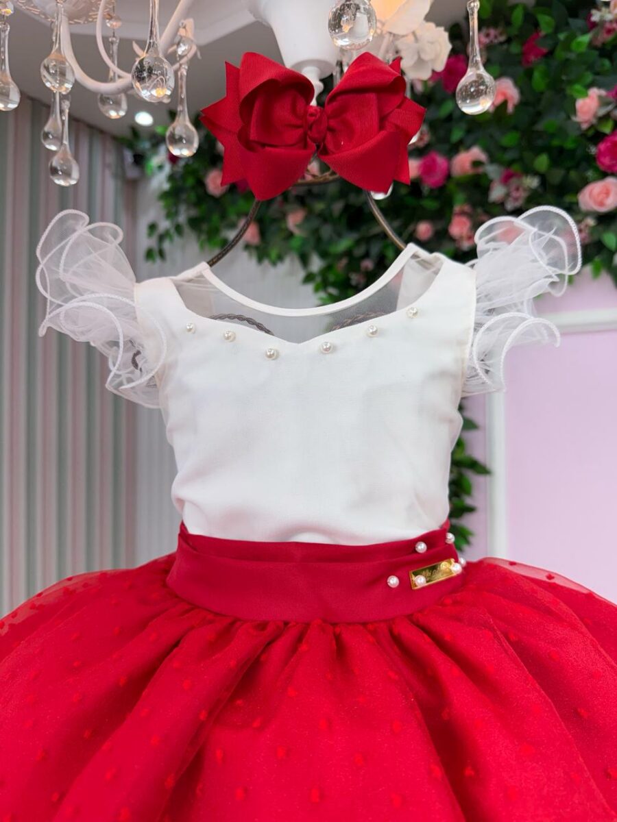 Vestido Infantil Betani Mini Miss Vermelho Tule Poá