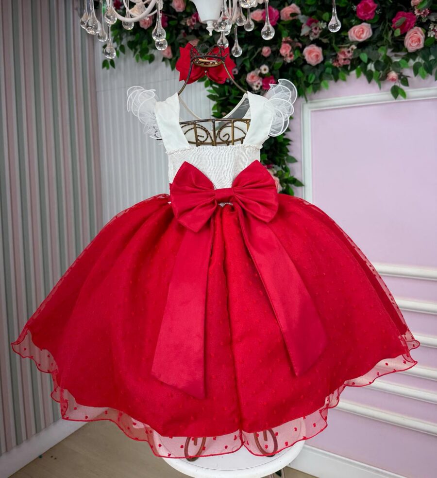 Vestido Infantil Betani Mini Miss Vermelho Tule Poá