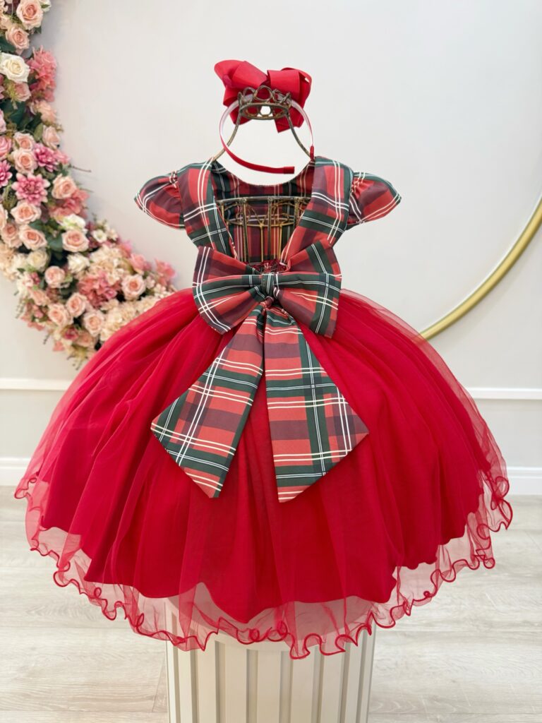 Vestido Infantil Vermelho de Natal com Cinto de Pérolas