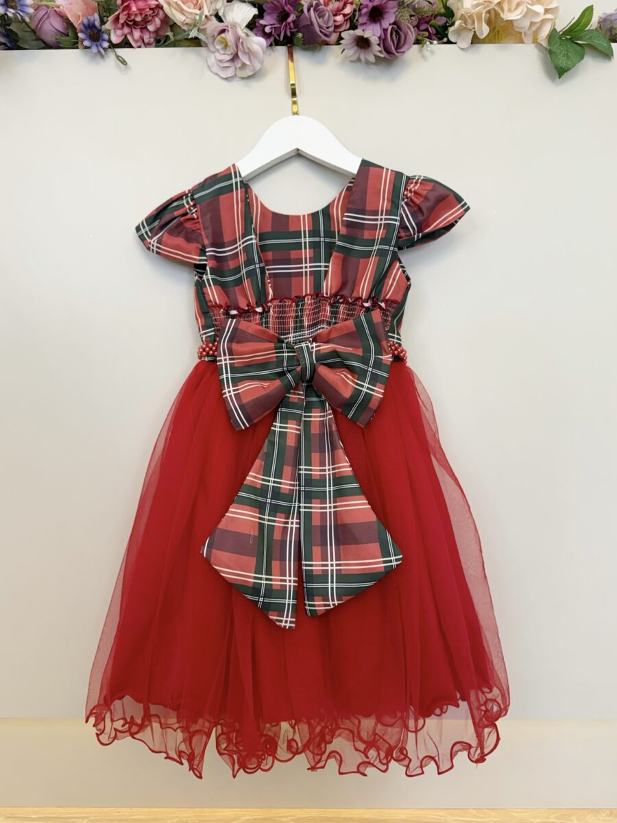 Vestido Infantil Vermelho de Natal com Cinto de Pérolas