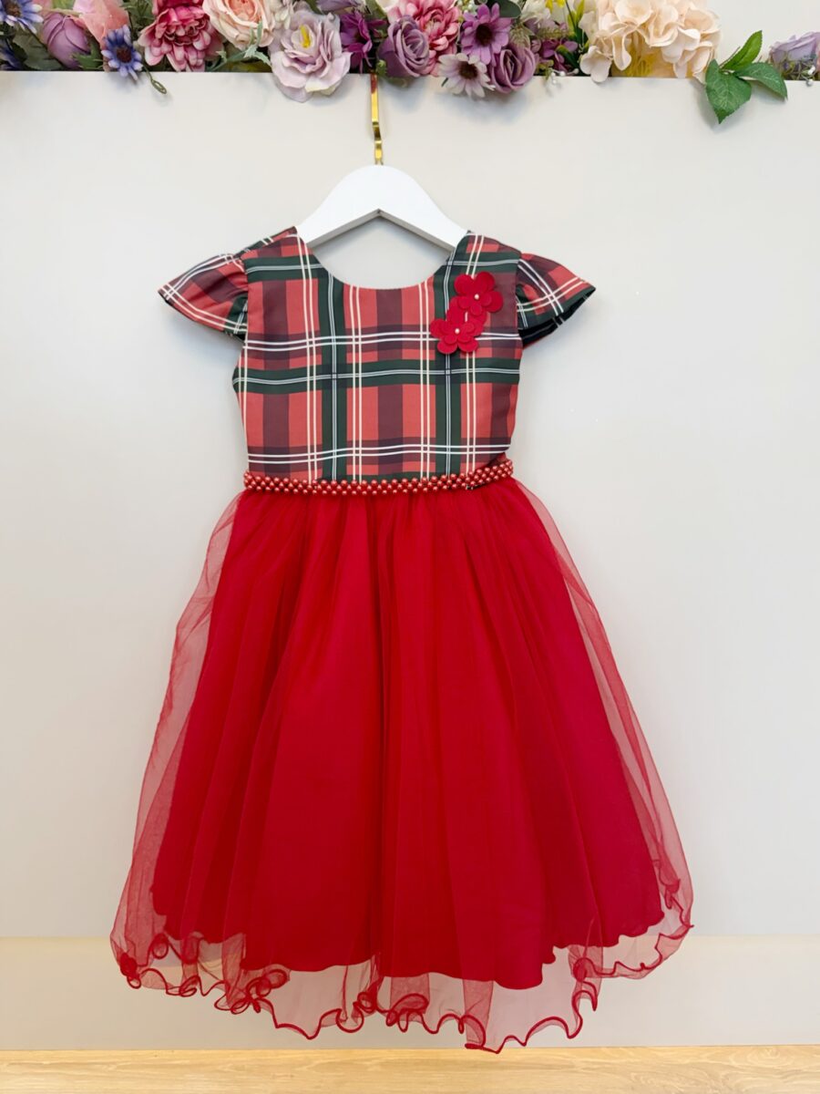 Vestido Infantil Vermelho de Natal com Cinto de Pérolas