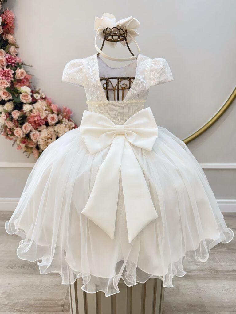 Vestido Infantil Marfim Renda e Borboletas Dama