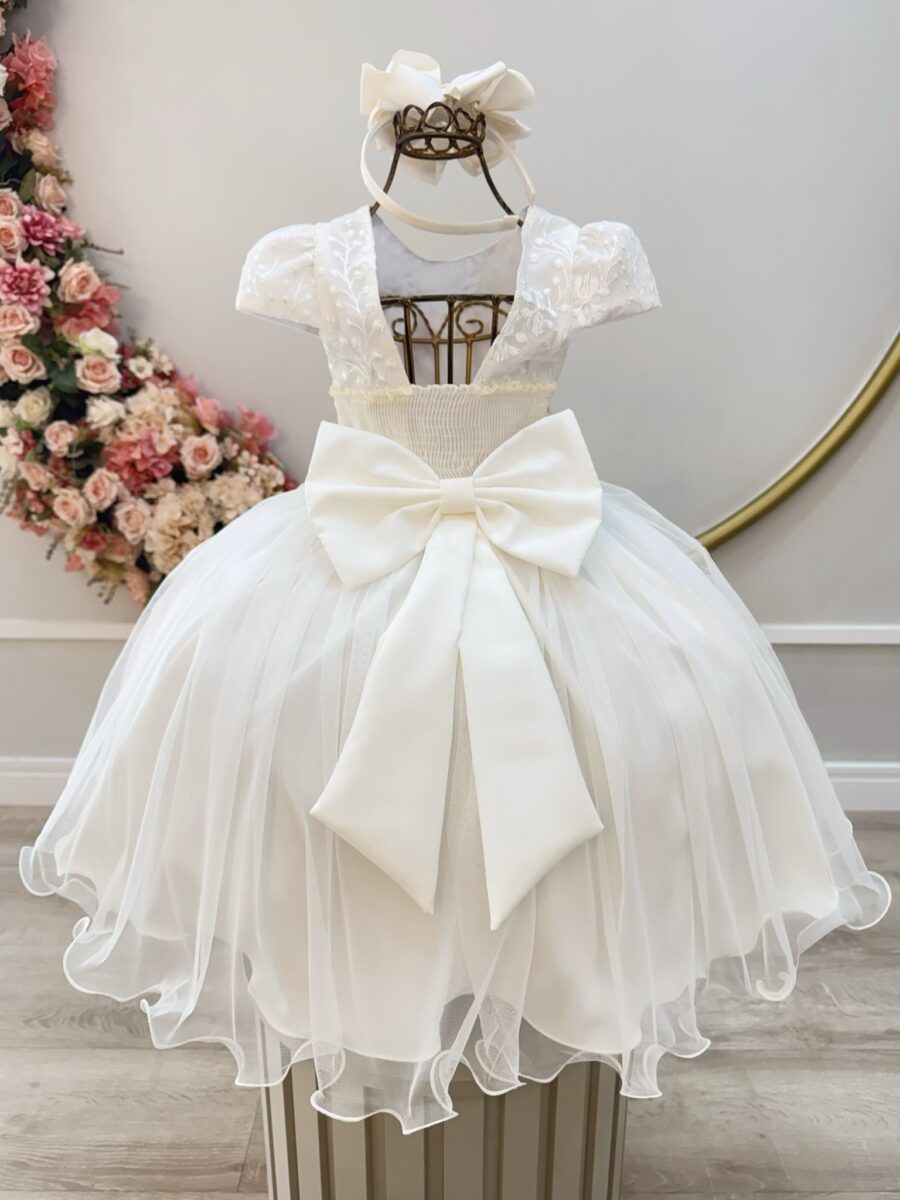 Vestido Infantil Marfim Renda e Borboletas Dama