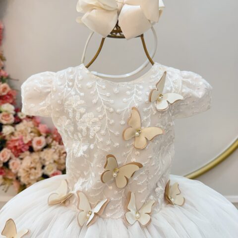 Vestido Infantil Marfim Renda e Borboletas Dama